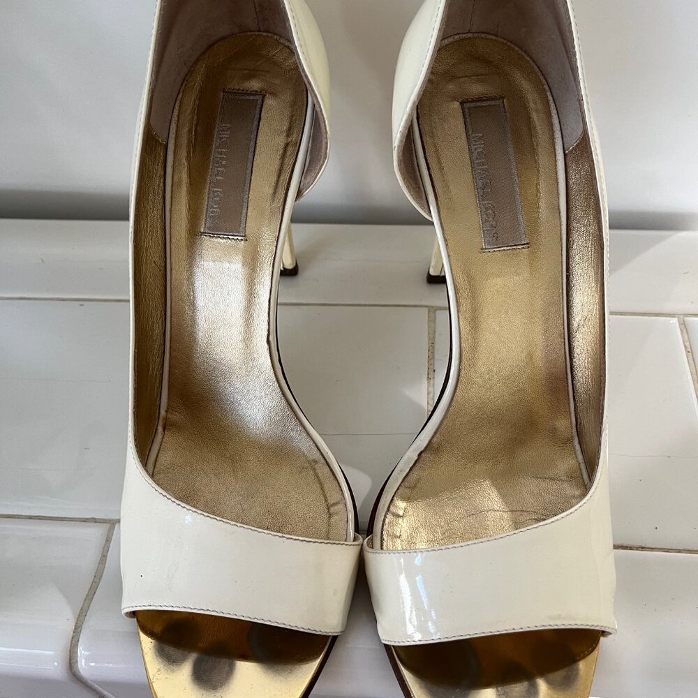 Michael Kors White Patent Peeptoe Gold Sole Pumps